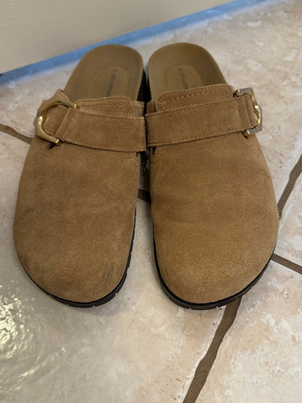 stradivarius Tan Suede Slip-On Loafers with Gold Buckle